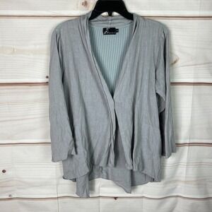 Fenini Cardigan Womens Small Gray Linen V-Neck 3/4 Sleeve Button Front Knit Back